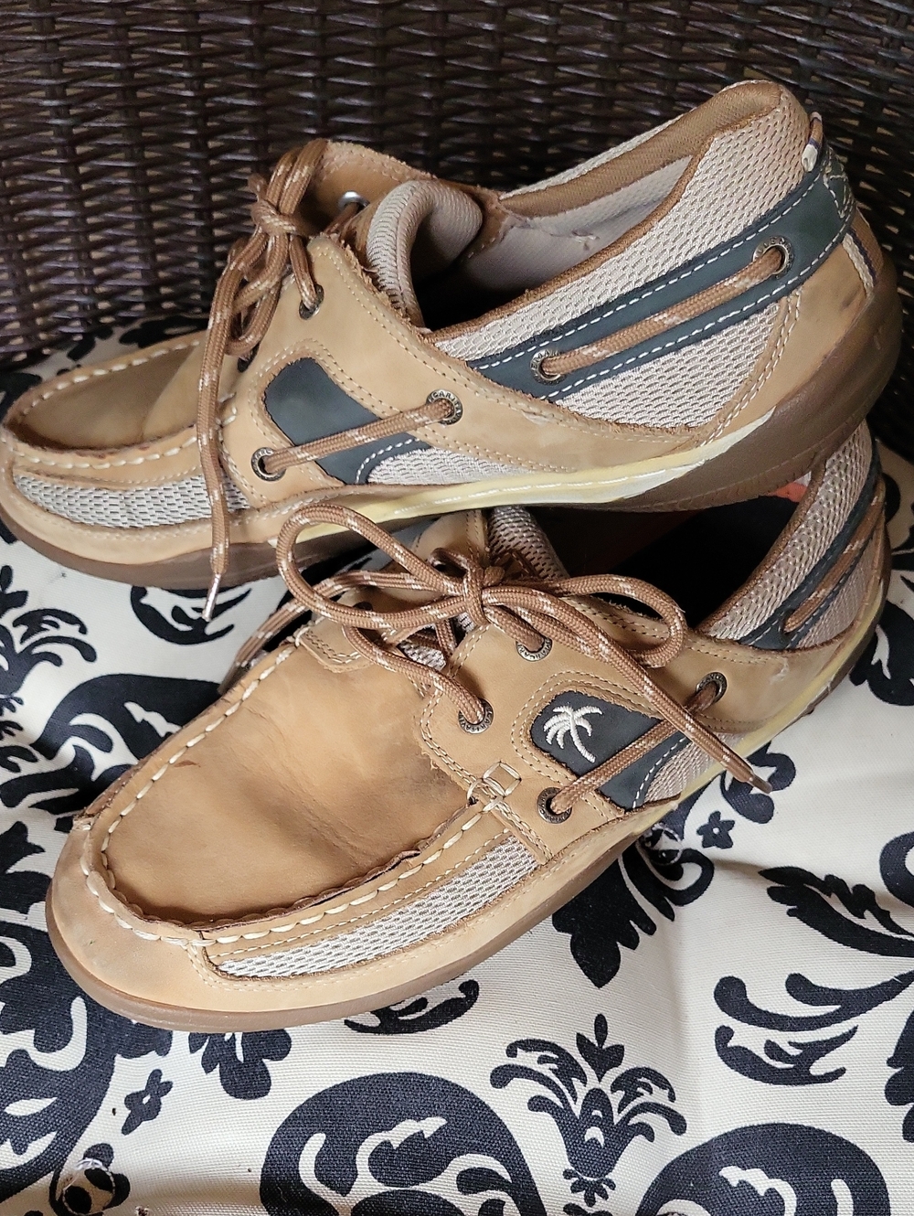 Margaritaville Men's Boat Shoes in Tan and Gray with Mesh Panels